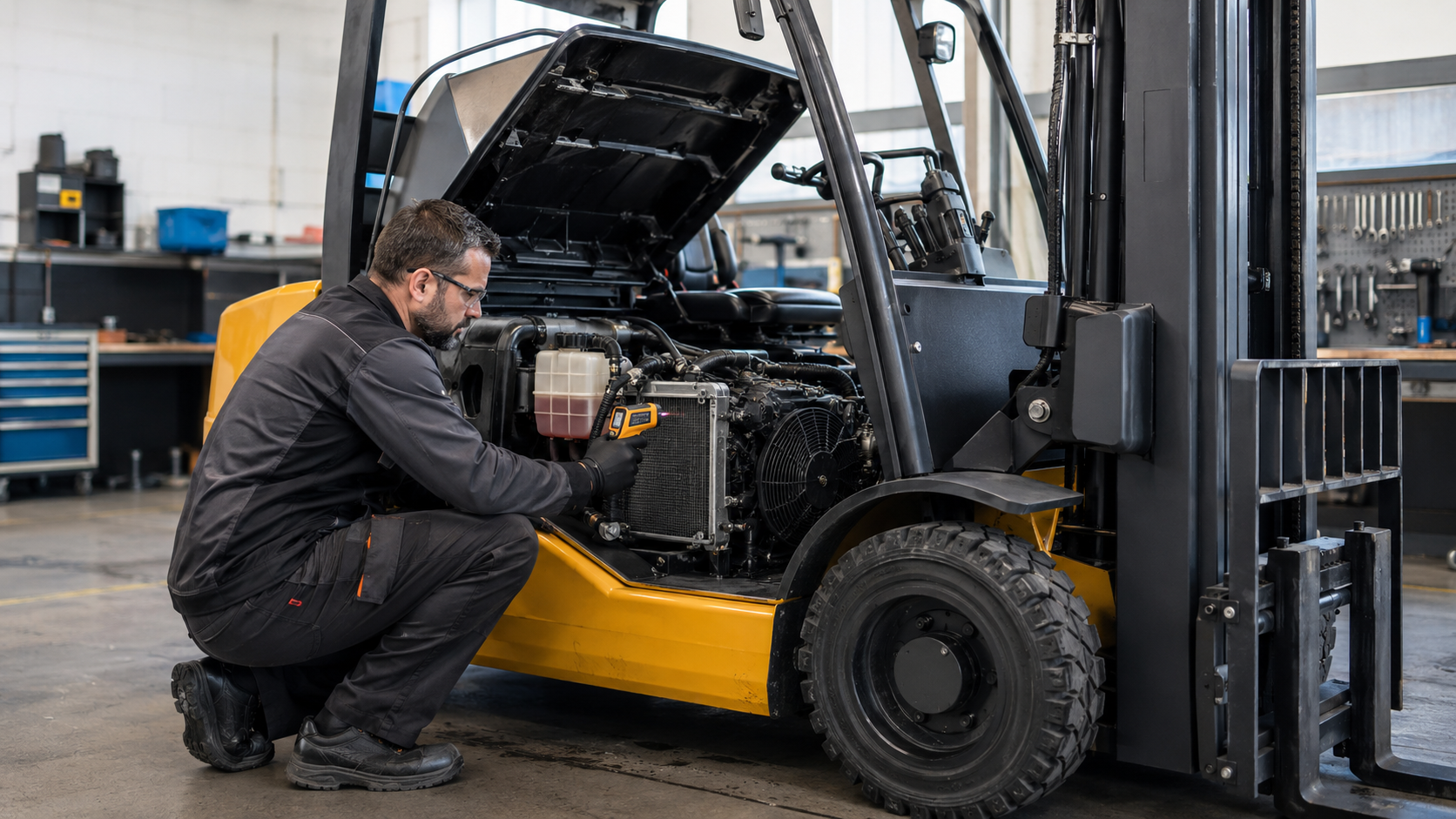 Mechanik diagnozuje układ chłodzenia przegrzewającego się wózka widłowego