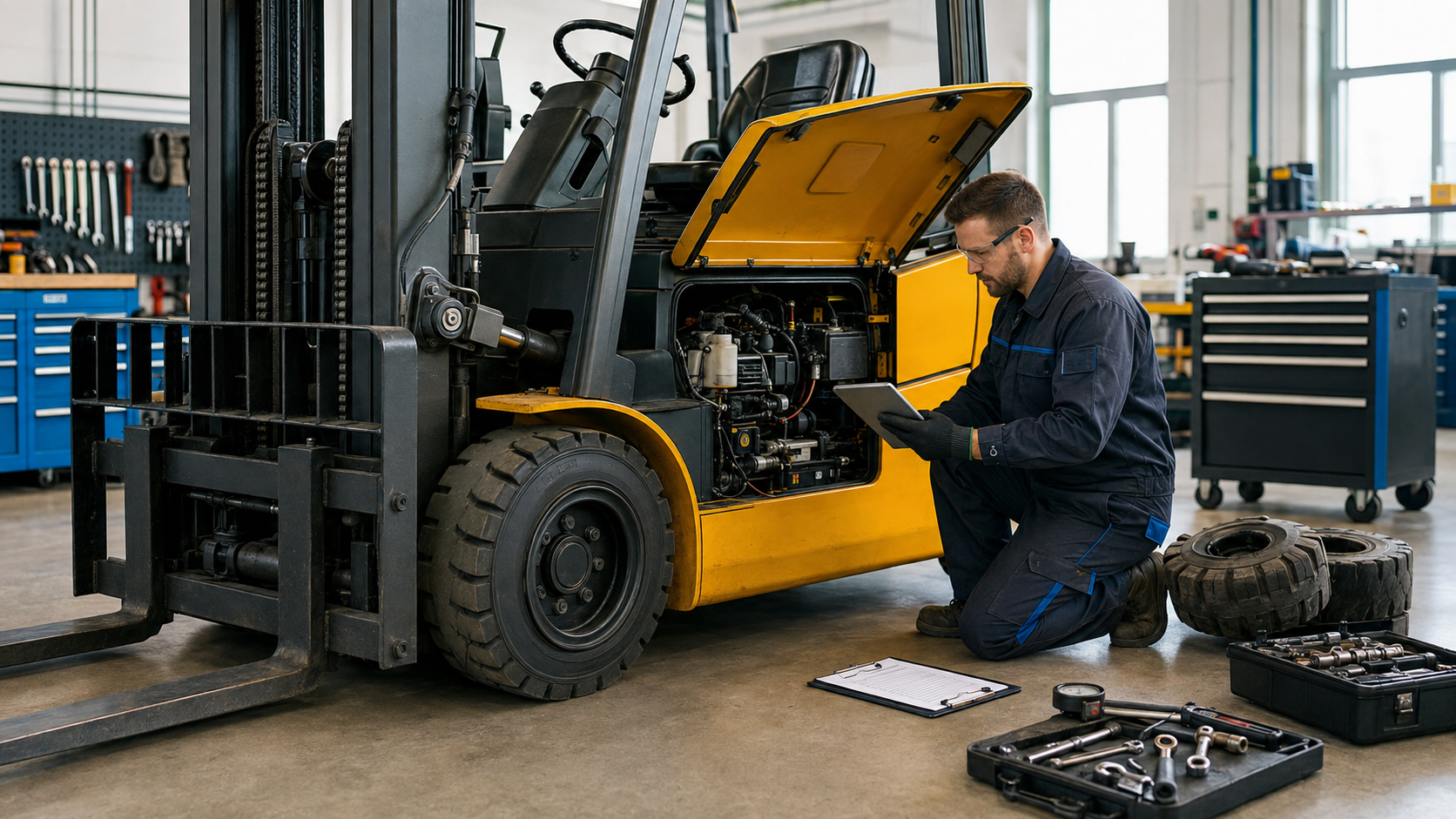 Mechanik wykonujący przegląd serwisowy wózka widłowego