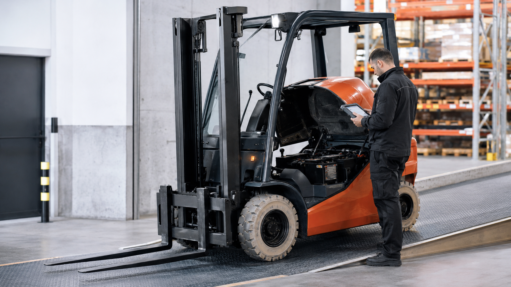 Mechanik diagnozuje wózek widłowy, który traci moc